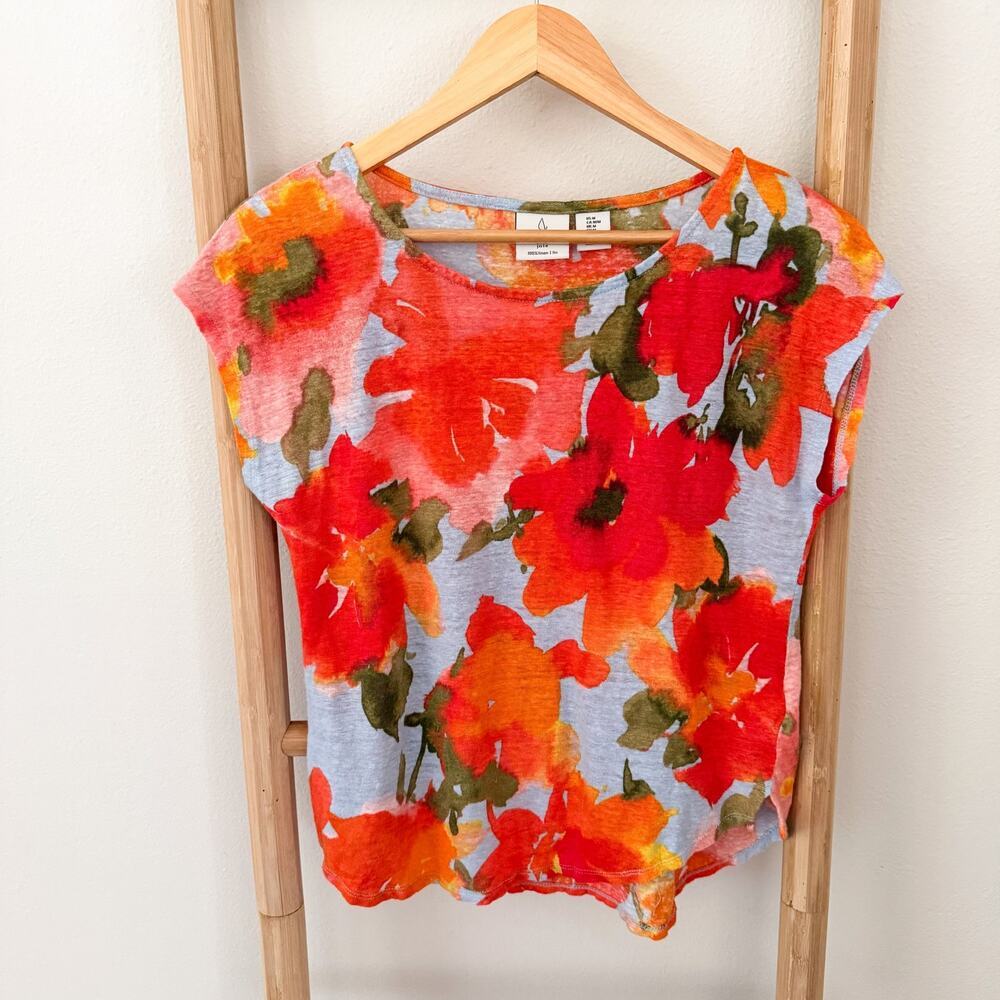 Joie 100% Linen Floral Top Women’s M Orange Red Blue Cap Sleeve